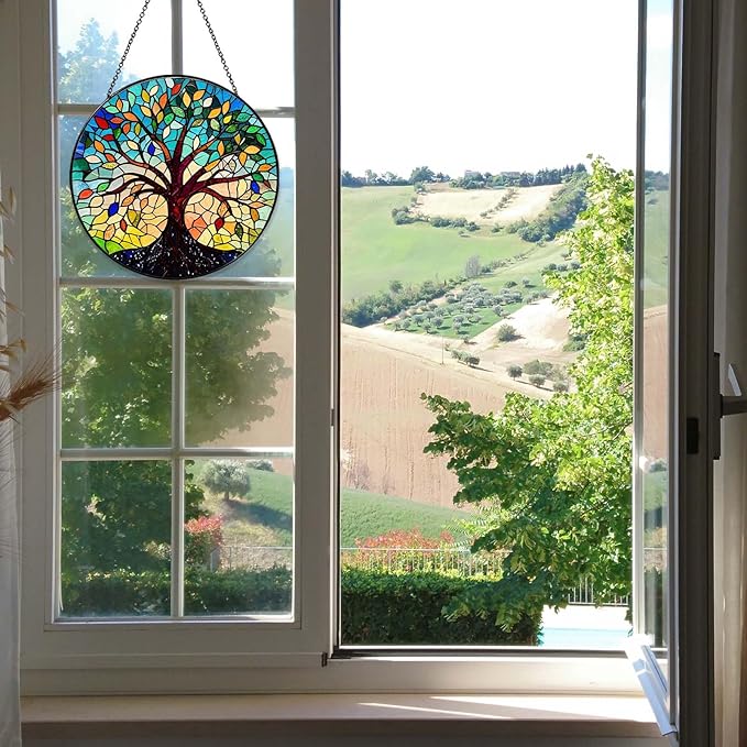 Tree of Life Sun Catcher Stained Glass Window Hanging for Women Home Decor Tree of Life Handmade Sun Catcher Decoration for Garden Home Housewarming Gifts, 7.87inch