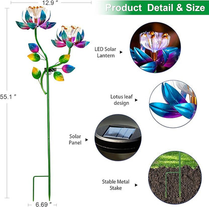 Solar Wind Spinner Outdoor Metal Garden Decor – 2-in-1 Kinetic Double Lotus Flower Stake with Glowing Fiber Optic Lights, Multi-Color Spinning Yard Art Sculpture for Patio, Lawn, and Pathway