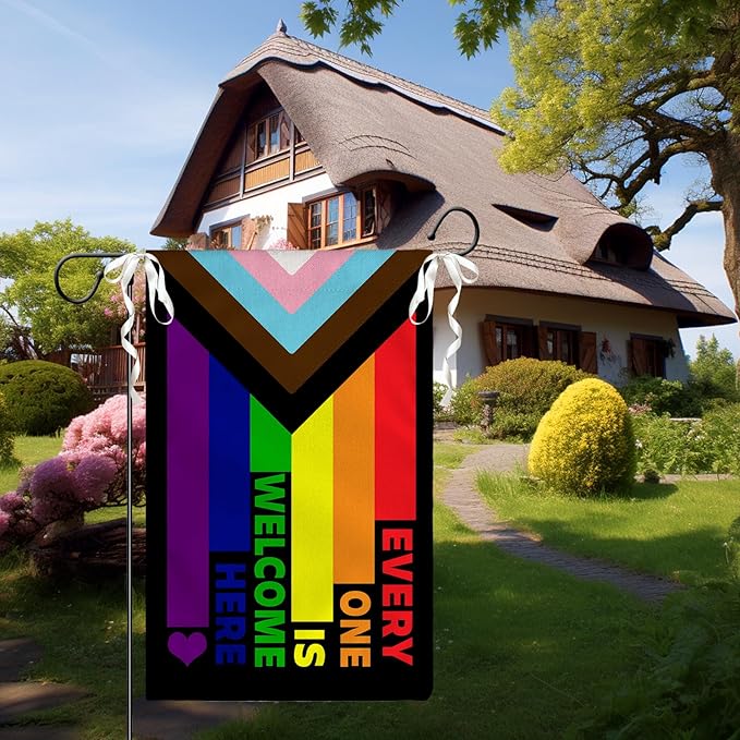 Progress Pride Rainbow Garden Flag Every One Is Welcome Here Yard Flag LGBTQ Gay Lesbian Bisexual Non Binary Transgender House Flag All Inlcusive Vivid Color Garden Flags 12x18 Inch