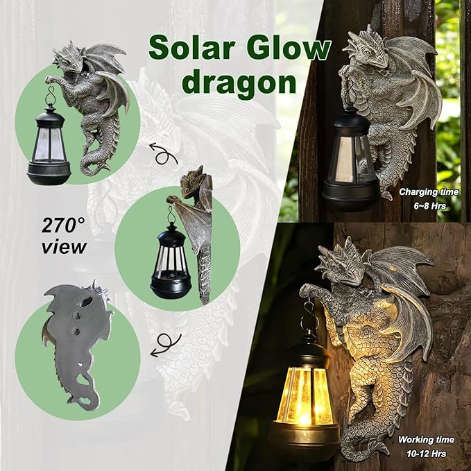 Solar Dragon Statue Outdoor Garden Decor - Medieval Fantasy Yard Art, Whimsical Lawn Ornaments, Unique Decorations Outdoor & Gifts, Weather-Resistant Animal Figurine Gift with Handmade Look
