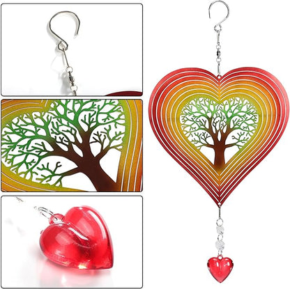 3D Heart Shaped Wind Spinner, 10"x7" Stainless Steel Outdoor with Tree of Life Design, Waterproof Colorful Hanging Wind Rotator with Soothing Bell, Decorative Garden Yard Patio Art Gift