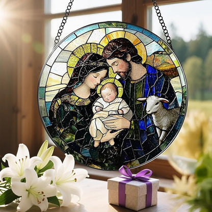 8-Inch Nativity Scene Stained Glass Suncatcher Ornament, Christian Stained Glass Window Hanging, Religious Ornament, Christmas Hanging Decor — Gifts for Christmas, Christian Gift, Religious Gift