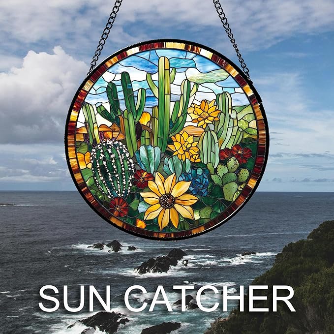 Stained Glass Window Hanging Green Cactus with Yellow Flowers Large 15" - Suncatcher Door Garden Sun Catcher Home Decor Birthday Christmas for Mom Men Woman Friend Nana
