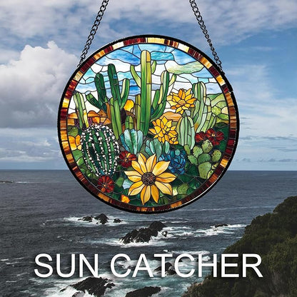 Stained Glass Window Hanging Green Cactus with Yellow Flowers Large 11.8" - Suncatcher Door Garden Sun Catcher Home Decor Birthday Christmas for Mom Men Woman Friend Nana