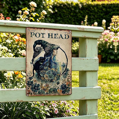 Vintage Metal Garden Sign, Garden Witch Wall Decor, Funny Gardening Gifts for Women, Home Patio Yard Art, 8 x 12 Inches