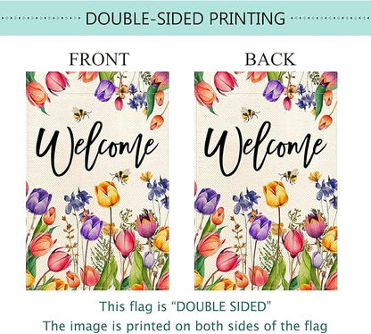 Baccessor Spring Summer Easter Tulip Welcome House Flag Double Sided Bee Colorful Floral Burlap Yard House Seasonal Farmhouse Outside Outdoor Decoration 28 x 40 Inch（large）