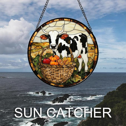 CHATYOUNG Stained Glass Window Hanging Autumn Farm Landscape Cow Pumpkin Large 11.8" - Suncatcher Door Garden Sunroom Sun Catcher Home Decor Birthday Christmas for Mom Men Woman Nana