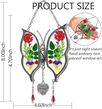 KY&BOSAM Metal Clip Glass Butterfly Suncatcher with I Love You Nana Engraved Tag Real Preserved Dried Flower Window Hanging Ornament Garden Home Wall Decor Mother's Day Birthday Gift for Mom Nana
