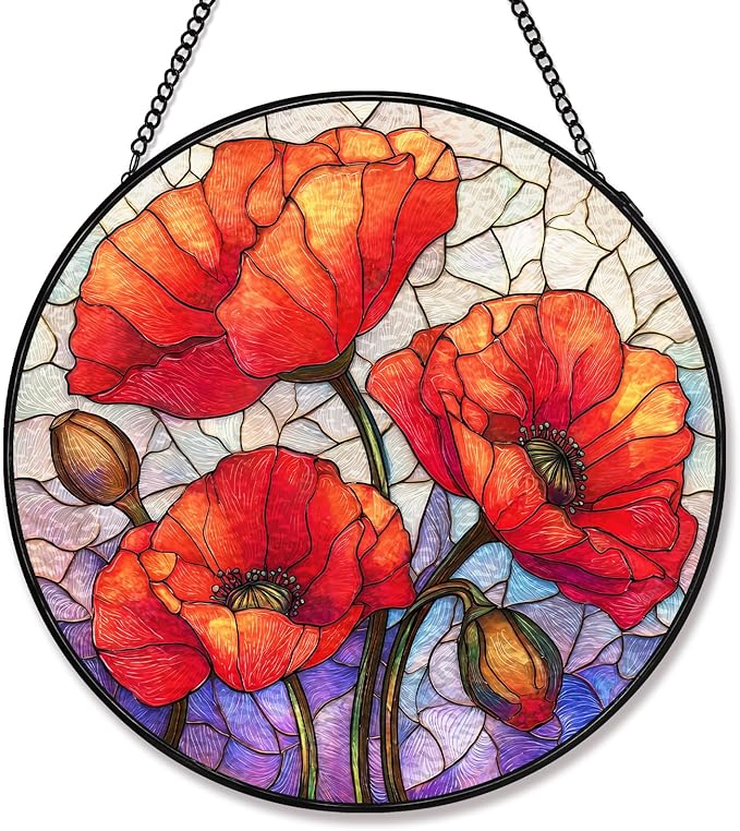 Stained Glass Sun Catcher Window Hanging - Red Poppy Floral Design, Indoor Decor Gifts for Mother's Day, Birthday, Christmas - Perfect for Women, Men, Mom Home Window Decor (Red) 7.8in