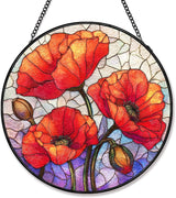 Stained Glass Sun Catcher Window Hanging - Red Poppy Floral Design, Indoor Decor Gifts for Mother's Day, Birthday, Christmas - Perfect for Women, Men, Mom Home Window Decor (Red) 7.8in