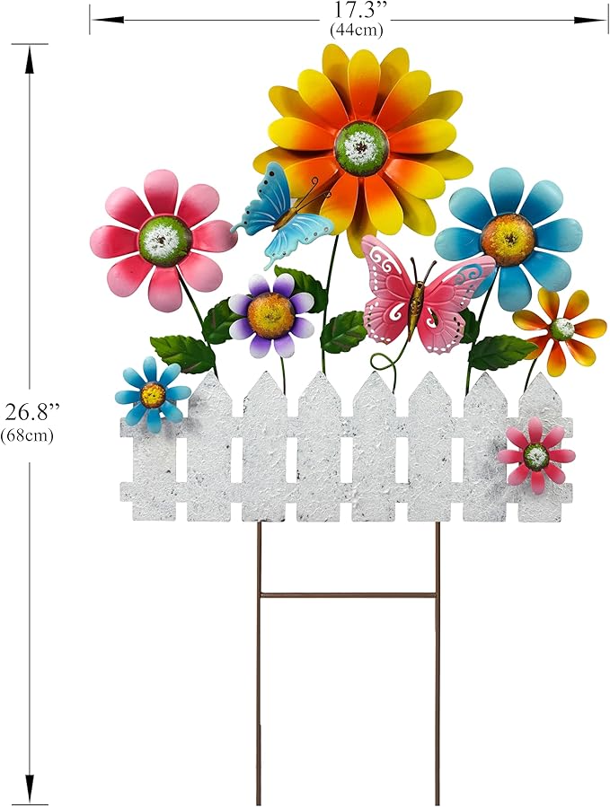 Colorful Flower Garden Stake with Butterflies & White Fence, Outdoor Yard Art Decor, Metal Floral Lawn Stakes for Garden, Patio, Flower Bed, Spring & Summer Outdoor Decoration