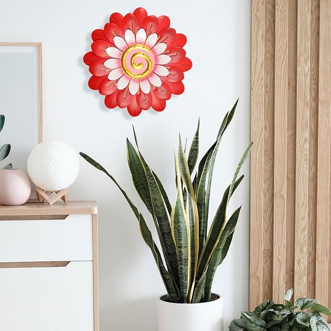 Metal Flowers Wall Decor Indoor Outdoor Metal Wall Art for Home Farmhouse Living Room Bedroom Bathroom Garden Decorations - Red