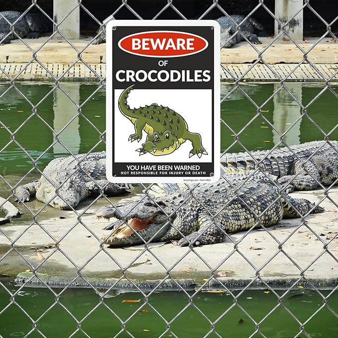 SmartSign Beware Of Crocodiles Warning Sign - 10"x7", 40 mil Laminated Rust-free Aluminum - Metal Signs for Wall Decor, Outdoors, Patio, Gifts, Cafe - Crocodile Theme, Made in USA