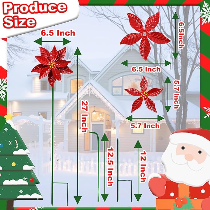 Metal Flower Wind Spinner Garden Lawn Stakes Yard Art, 27 Inch Poinsettia Windmill Iron Handicraft Lawn Decorations, 5 Pieces Christmas Star Stake, Metal Yard Art Outdoor Mother's Day Decoration Gift