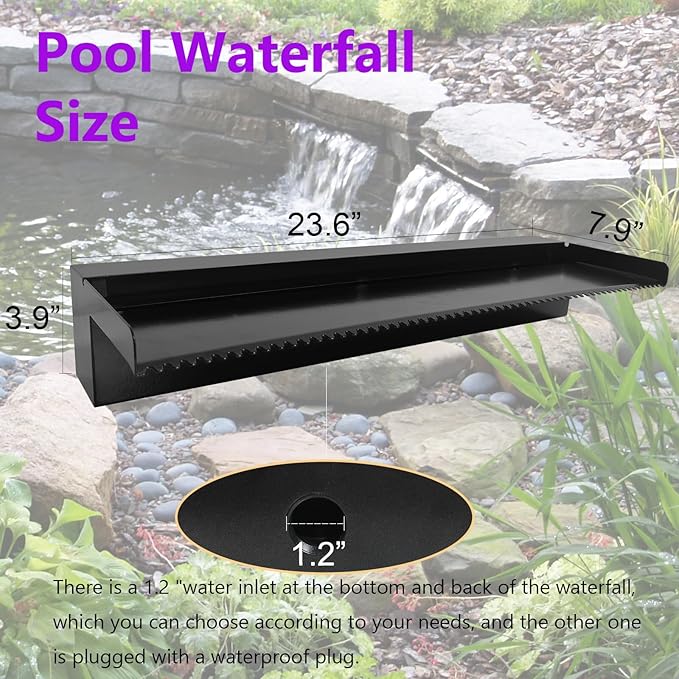 Pamopamo Pond Waterfall Spillway Pool Fountain Water Feature, Black Stainless Steel Outdoor Fountains, Swimming Pool Water Flow Waterfalls Kit for Garden Patio Ponds-23.6"x7.8"x3.9"(NO Light)