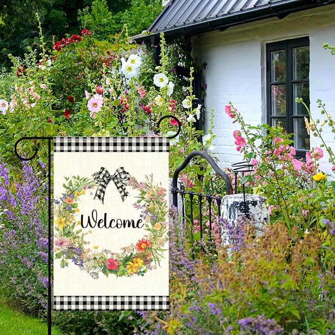 Welcome Spring Garden Flag for Outside,Floral Wreath Spring Garden Flag Yard Lawn Porch Flags for Outdoor Decorations 12x18 Inch Double Sided