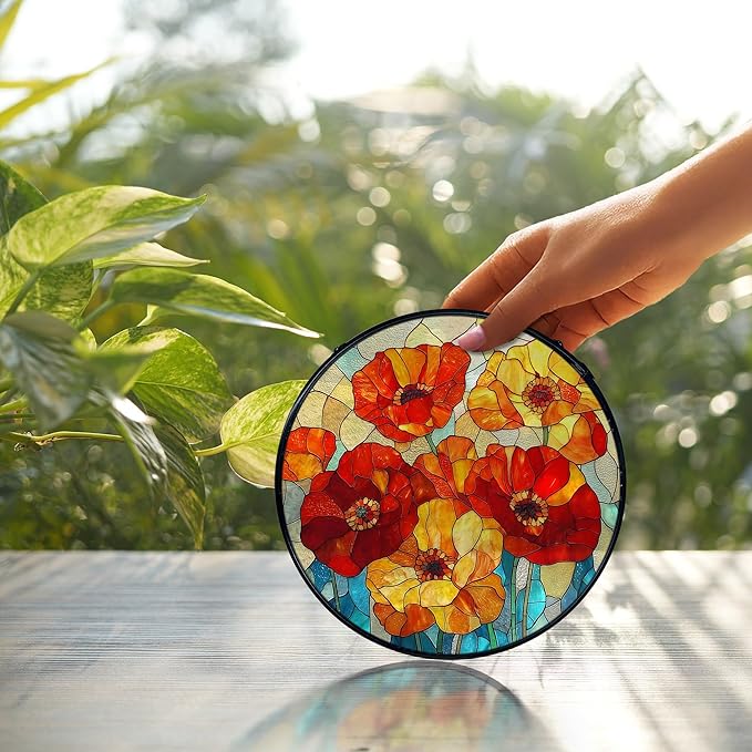 Poppy Flower Suncatcher Stained Glass Window Hanging, Poppy Flower Gifts Sun Catchers Indoor Window Glass Wall Art Decor, Floral Wall Hanging Decor Decorations, 7.9x7.9 Inch 032-MH-BLGH