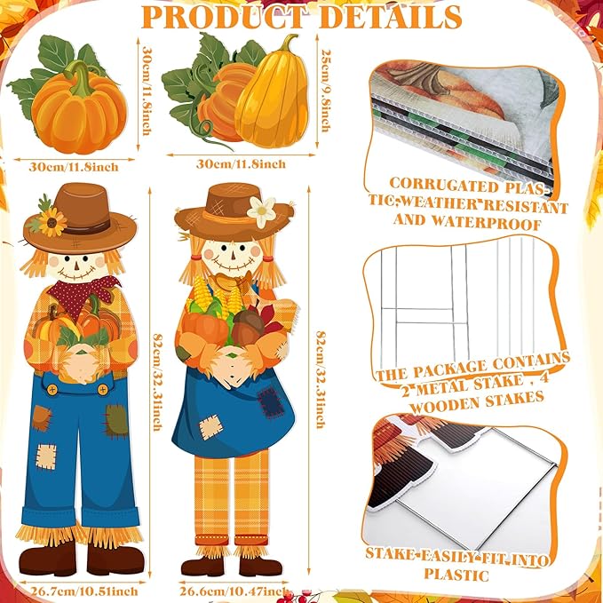 Geetery 4 Pieces Thanksgiving Outdoor Decorations Fall Yard Stake Scarecrow Pilgrim Pumpkins Porch Sign with Stake Autumn Harvest Garden Decor for Outside Lawn Decoration 32.28 x 10.47 Inch(Scarecrow)