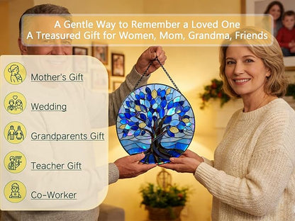 Stained Glass Window Hangings, Tree of Life with Hummingbird Suncatchers for Window, Treasured Gift for Mom, Grandma, Family and Friends (Blue, 6.7x6.7 in)