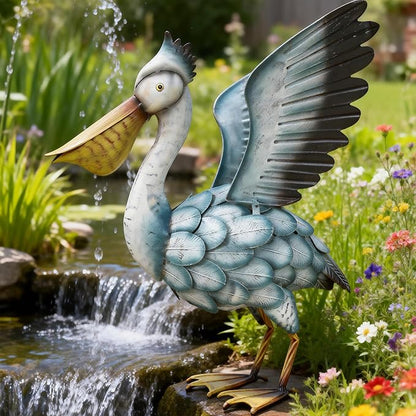 Metal Pelican Garden Staue, 18.5in Large Coastal Pelican Outdoor Yard Art Decor with Hand-Painted Blue & White Finish, Lifelike Bird Sculpture for Backyard Pond, Patio, Flowerbed or Home Decor