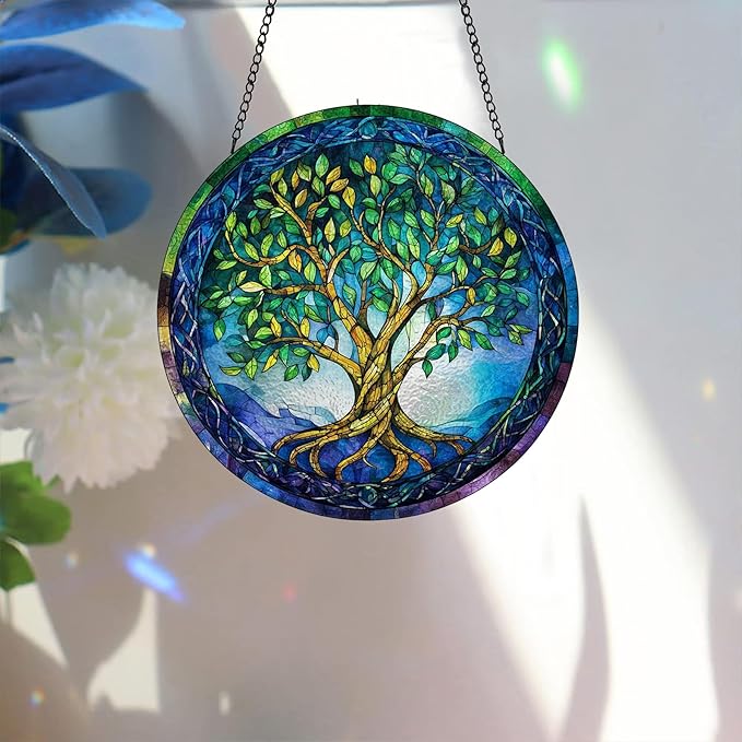 Bimkole Tree of Life Stained Glass Suncatcher Window Hanging - Leaves Indoor Window or Doorway Decoration - Handmade Sun Catcher Decor for Garden Home Christmas & Birthday Gifts 7.87x7.87 Inch