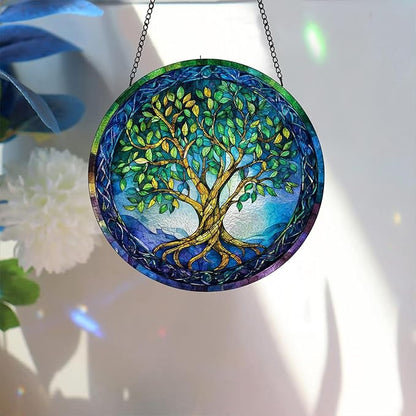 Bimkole Tree of Life Stained Glass Suncatcher Window Hanging - Leaves Indoor Window or Doorway Decoration - Handmade Sun Catcher Decor for Garden Home Christmas & Birthday Gifts 7.87x7.87 Inch