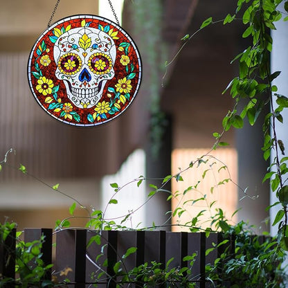 Dia De Los Muertos Sugar Skull Stained Glass Window Hanging Skull Sun Catcher Halloween Decor Halloween Home Decoration Suncatchers for Garden Home Windows Hanging, 7.87inch