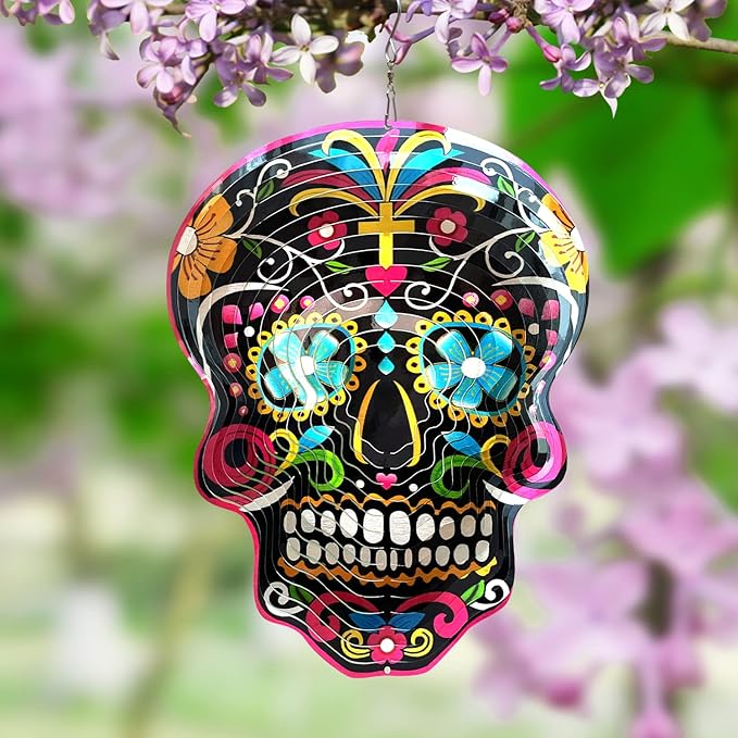 FONMY Kinetic 3D Metal Garden Wind Spinner Unique Gifts Outdoor Decorations Quality Hanging Ornament for Home and Garden 12inch Mandala Black Sugar Skull Wind Spinners