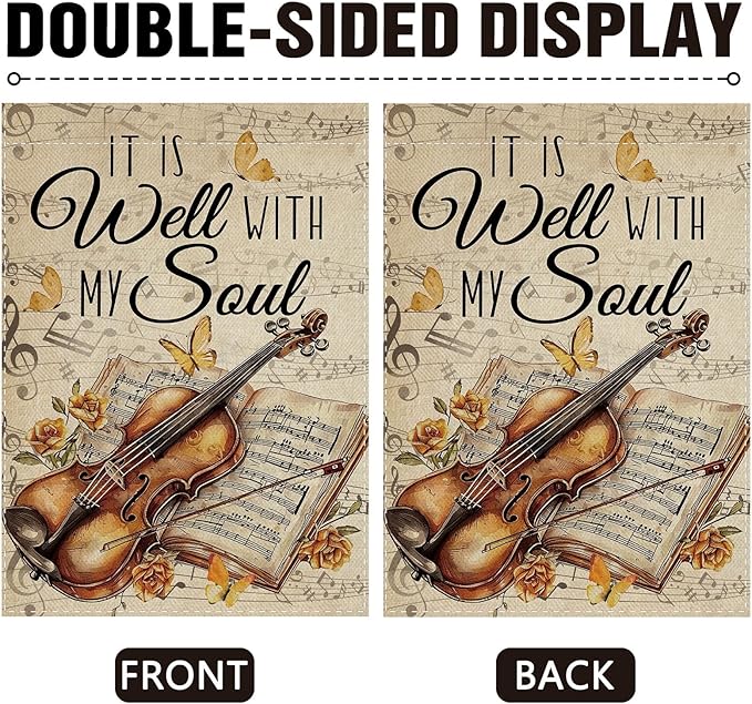 Dyrenson Inspirational It is Well with My Soul Decorative Garden Flag, Vintage Musical Yard Outside Home Decoration Music Lover Gift, Retro Violin Music Sheet Outdoor Small Decor Double Sided 12 x 18