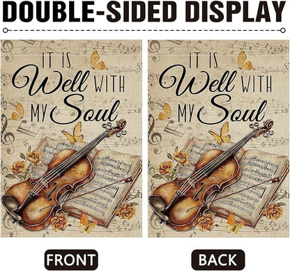 Dyrenson Inspirational It is Well with My Soul Decorative Garden Flag, Vintage Musical Yard Outside Home Decoration Music Lover Gift, Retro Violin Music Sheet Outdoor Small Decor Double Sided 12 x 18