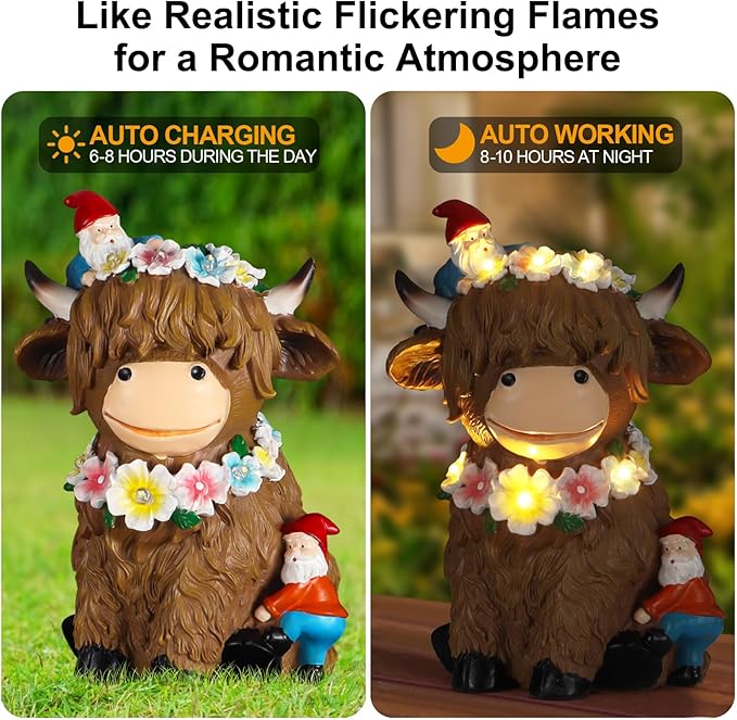 Solar Highland Cow Garden Decor 6.6” Outdoor Statue Resin with Flower Decoration Funny Two Christmas Gnomes Decor,Birthday Gifts for Women Mom Highland Cow Figurine for Yard Patio Lawn Ornaments