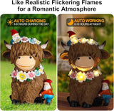 Solar Highland Cow Garden Decor 6.6” Outdoor Statue Resin with Flower Decoration Funny Two Christmas Gnomes Decor,Birthday Gifts for Women Mom Highland Cow Figurine for Yard Patio Lawn Ornaments