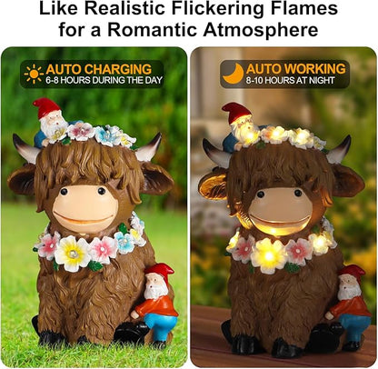 Solar Highland Cow Garden Decor 6.6” Outdoor Statue Resin with Flower Decoration Funny Two Christmas Gnomes Decor,Birthday Gifts for Women Mom Highland Cow Figurine for Yard Patio Lawn Ornaments