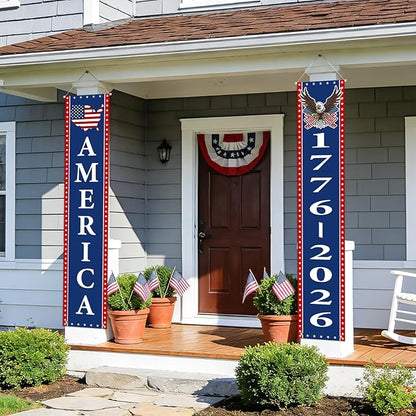 4th of July Decorations Outdoor - 250th Anniversary Decorations 2 Pack Patriotic Porch Banners for Independence Day - USA Spirit 1776-2026 US Birthday Hanging Flag Front Door Porch Signs Indoor Outdoor