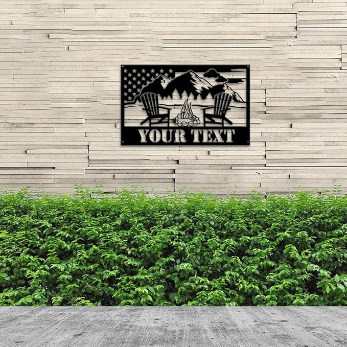 MeMate Outdoor Decor - US Flag Metal Sign with Mountain, Personalized for Backyard Porch Deck, Custom Name Signs for Garden Pool, Large for Outside, Housewarming Gift