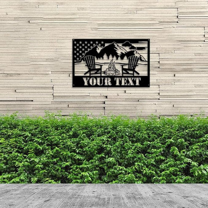 MeMate Outdoor Decor - US Flag Metal Sign with Mountain, Personalized for Backyard Porch Deck, Custom Name Signs for Garden Pool, Large for Outside, Housewarming Gift