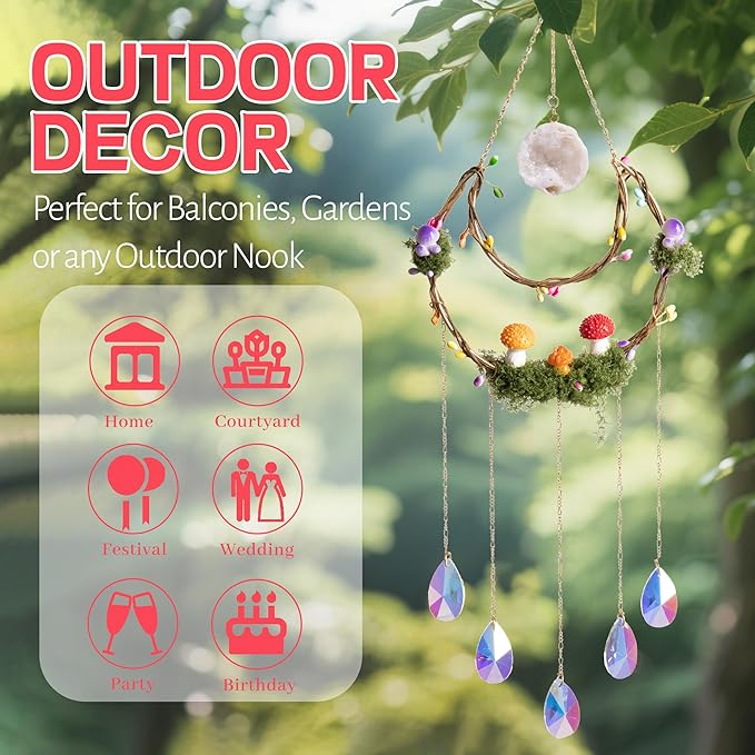 Mushroom Sun Catcher for Window Garden Decor - Mushroom Home Decor Piece with Healing Amethyst Metal Crystal Hanging Indoor Suncatcher Outdoor Wall Rainbow Maker Perfect Handmade Ornaments for House