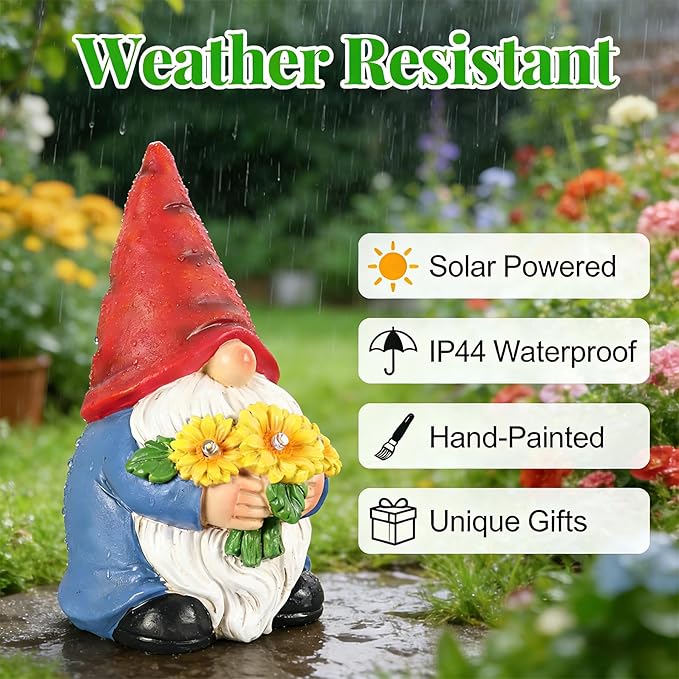 Gnomes Solar Garden Decor Garden Statues Sunflower Gnome Figurines Birthday Gifts for Women Mothers Day Gifts for Mom Grandma Outdoor Decorations for Yard Lawn Patio