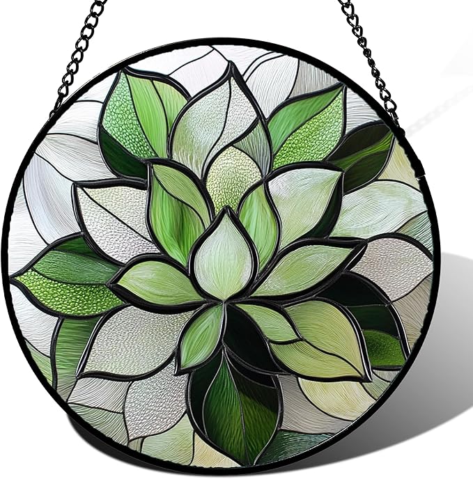 Stained Glass Window Hanging - Green Lotus Suncatcher for Door Garden Succulent Plant Sun Catchers Decor Mother's St. Patrick's Day Birthday for Women Mom Nana Grandma 11.8 in