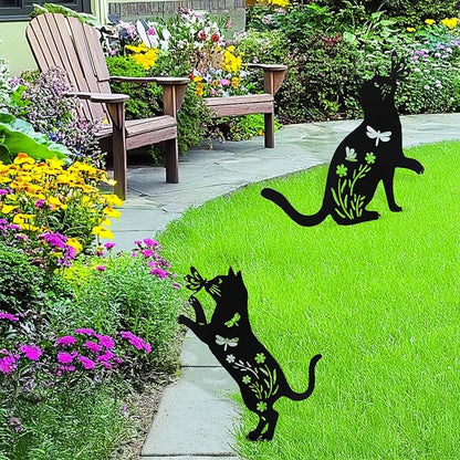 Flohuaer 2PCS Cat Metal Garden Stakes Decorative Unique Gifts for Women/Men Cat Lovers Black Silhouette Statues for Outside Yard Art Outdoor Patio Lawn Ornaments Garden Decorations