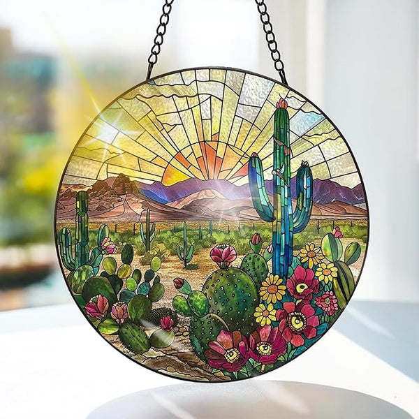 Bimkole Cactus Stained Glass Suncatcher Window Hanging - Plants Indoor Window or Doorway Decoration - Handmade Sun Catcher Decor for Garden Home Christmas & Birthday Gifts 7.87x7.87 Inch