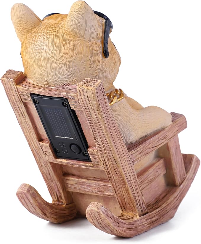 Solar French Bulldog Garden Statue, Funny Frenchie Dog Figurine for Outdoor Yard, Patio, & Lawn Décor, Unique Frenchie Gifts for Housewarming & Birthday,7 Inch Resin (Fawn)