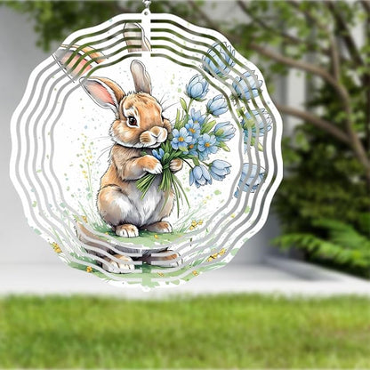Easter Bunny Wind Spinner Easter Day Gifts 3D Metal Kinetic Hanging Wind Sculpture Spinners for Yard and Garden Indoor Outdoor Window Easter Rabbit Yard Art Garden Decoration 8 Inch (Bunny 8)