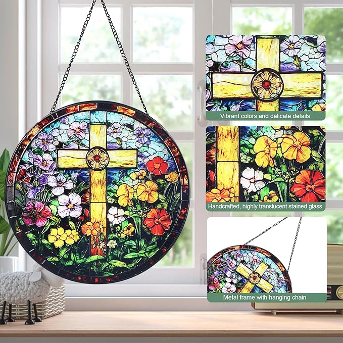 Cross & Wildflowers Stained Glass Window Hanging Suncatcher with Chain - 7.9" Outdoor/Indoor Art Decor for Home Garden, Thanksgiving, Wedding,Mother's, Valentine's & Christmas Ornaments Present