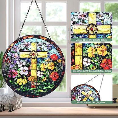 Cross & Wildflowers Stained Glass Window Hanging Suncatcher with Chain - 7.9" Outdoor/Indoor Art Decor for Home Garden, Thanksgiving, Wedding,Mother's, Valentine's & Christmas Ornaments Present