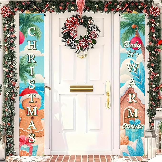 BlissYard Tropical Christmas Porch Banners 12x71 Inch Merry Christmas Door Banner Beach Gingerbread Man House Poinsettia Decor Xmas Welcome Hanging Signs Warm Weather Holiday Home Decor for Front Door Party Outdoor Decoration