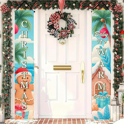 BlissYard Tropical Christmas Porch Banners 12x71 Inch Merry Christmas Door Banner Beach Gingerbread Man House Poinsettia Decor Xmas Welcome Hanging Signs Warm Weather Holiday Home Decor for Front Door Party Outdoor Decoration