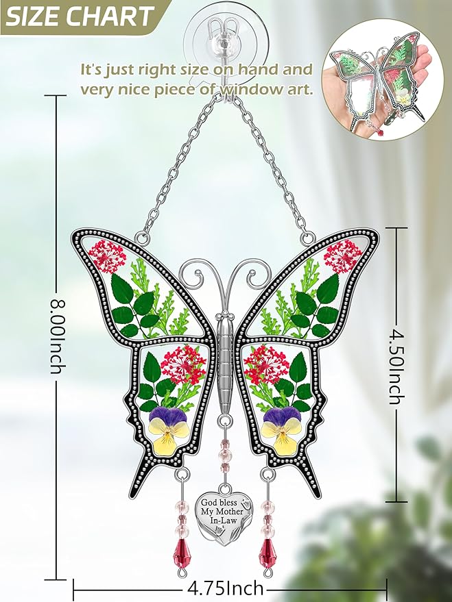 KY&BOSAM Butterfly Suncatcher Mother-in-Law Stained Glass for Window Hanging Wind Chime with Pressed Flower Wings Embedded in Glass with Metal Heart Charm Gift for Mother Day Valentine`s Day Birthday