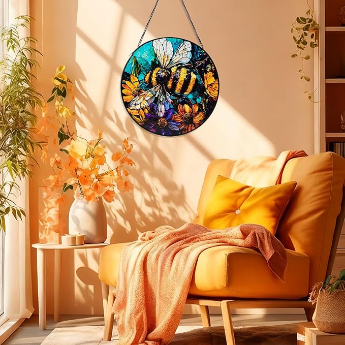 Stained Glass Window Hanging, Bee Yellow Flower Suncatcher for Doors Home Sun Catchers Decoration, Mother's Day Birthday Gifts for Women, Men, and Mom
