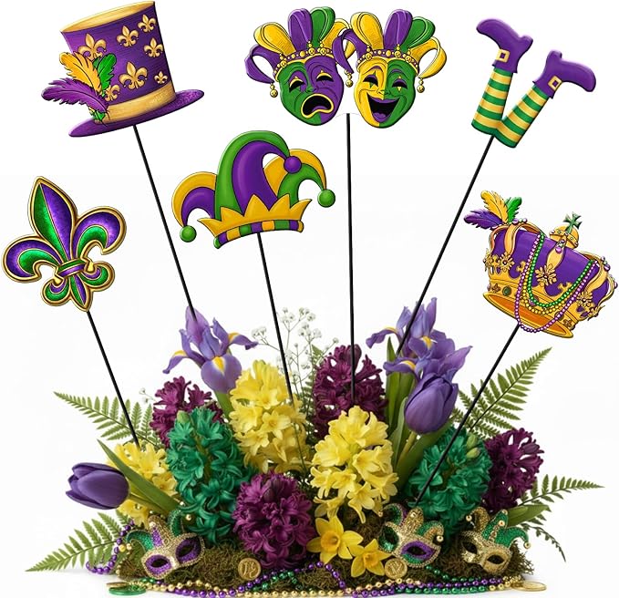 Shimeyao 6 Pcs Mardi Gras Metal Garden Stakes Mardi Gras Carnival Metal Garden Signs Yard Stakes Outdoor Decor for Carnival Party Home Lawn Porch Holiday Front Backyard